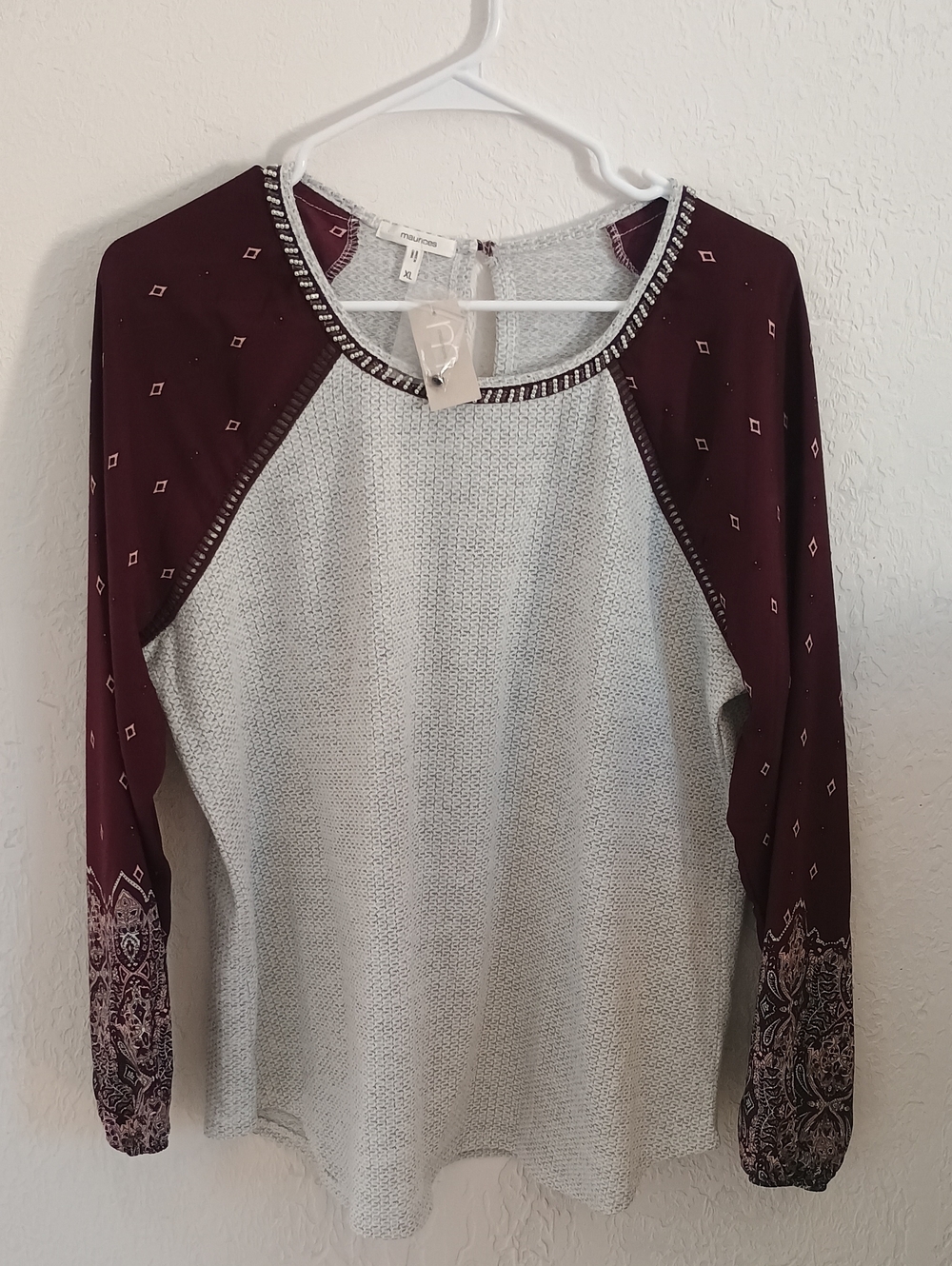 Maurices Cream Knit Raglan Top with Burgundy Printed Sleeves